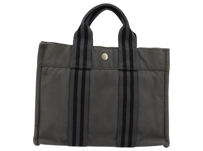 Hermès HERMES Fourre ToutPM Borsa a Mano Cotone Grigio Argento Auth fm5317 Marrone - vista 3