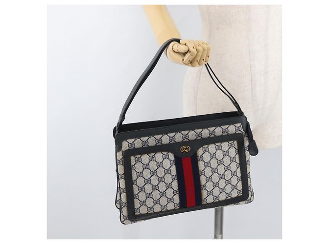 Borsa a Spalla Gucci GG Supreme Sherry Line PVC Blu Navy Oro Auth 177472 D'oro - vista 28