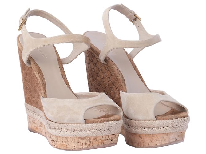 Sandali con zeppa Hollie in suede e sughero Guccissima di Gucci Marrone - vista 2