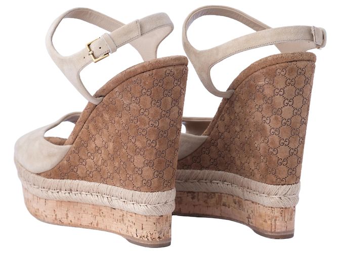Sandali con zeppa Hollie in suede e sughero Guccissima di Gucci Marrone - vista 3