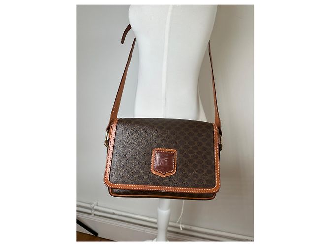 Céline Borsa a tracolla in tela Macadam vintage Celine marrone scuro - vista 12
