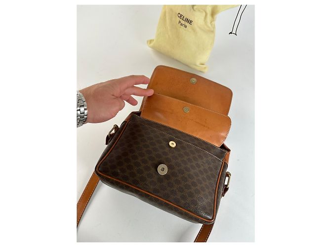 Céline Borsa a tracolla in tela Macadam vintage Celine marrone scuro - vista 3