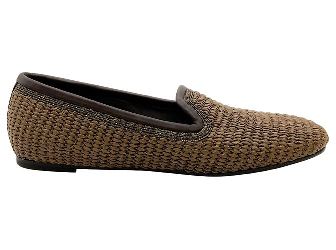 Braune geflochtene Raffia-Flats von Brunello Cucinelli mit Monili - Ansicht 2