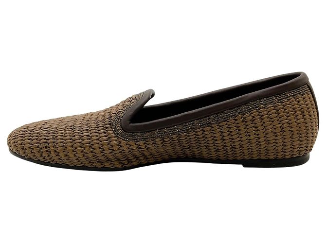 Braune geflochtene Raffia-Flats von Brunello Cucinelli mit Monili - Ansicht 3