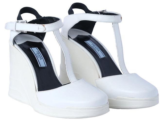 Sandali con zeppa piattaforma in pelle bianca T-Strap di Prada Bianco - vista 3