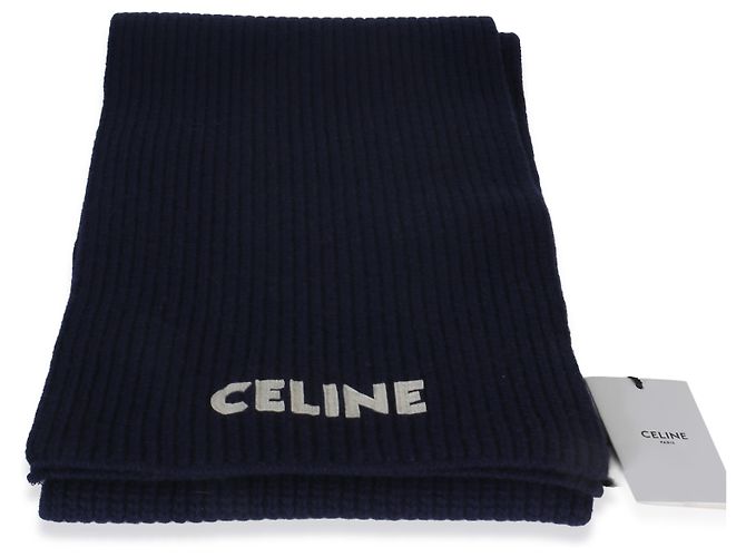 Céline Sciarpa in lana a coste blu navy con logo applicato Celine - vista 2