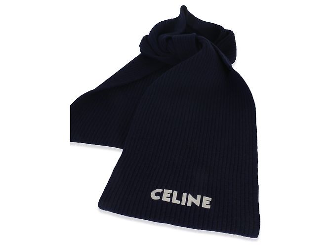 Céline Sciarpa in lana a coste blu navy con logo applicato Celine - vista 4