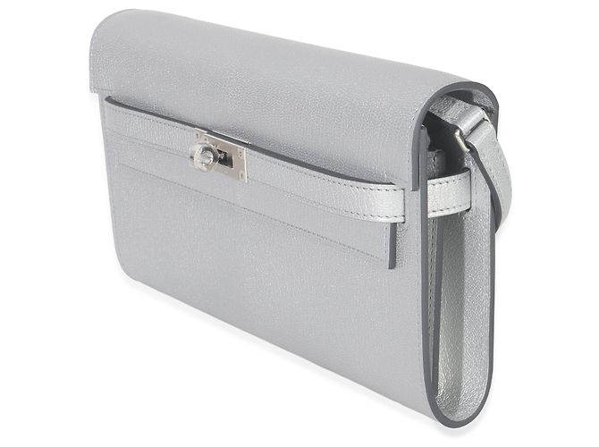 Portafoglio Hermès Kelly Wallet To Go in capra Chamkilight metallico argento PHW - vista 3