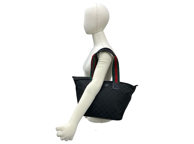Gucci Sherry Linie GG Canvas Nylon Leder Tote Bag Schwarz Rot Grün - Ansicht 2