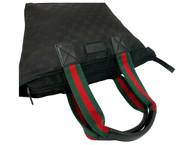 Gucci Sherry Linie GG Canvas Nylon Leder Tote Bag Schwarz Rot Grün - Ansicht 4
