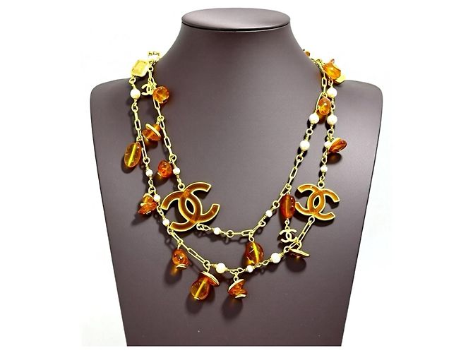 Chanel 11C Runway Lange Halskette Bernstein und Gold Beige Golden Orange - Ansicht 3