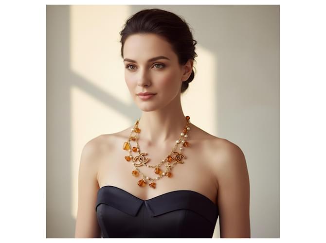 Chanel 11C Runway Lange Halskette Bernstein und Gold Beige Golden Orange - Ansicht 5