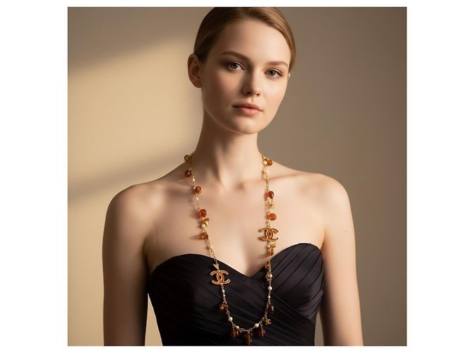 Chanel 11C Runway Lange Halskette Bernstein und Gold Beige Golden Orange - Ansicht 6