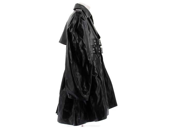 Ganni Schwarzer Trenchcoat aus recyceltem Leder mit Basque - Ansicht 3