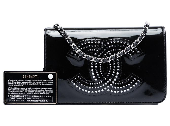 Wallet On Chain Portafoglio Chanel nero in vernice con strass CC - vista 7