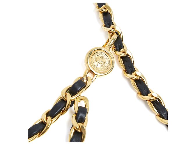 Chanel circa 1995 Kettengürtel T100 Goldene Kette Schwarzer Leder Gürtel 4XL 40 in - Ansicht 2