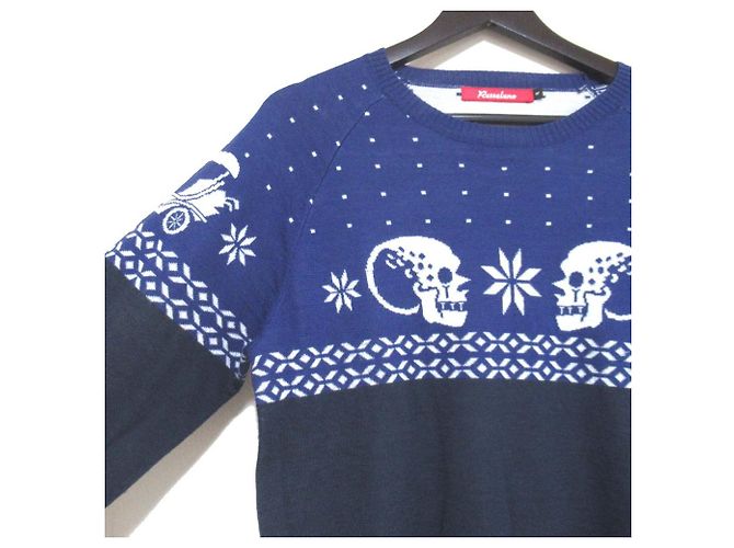 Autre Marque Russeluno Skull Nordic Strickpullover Blau Marineblau - Ansicht 3