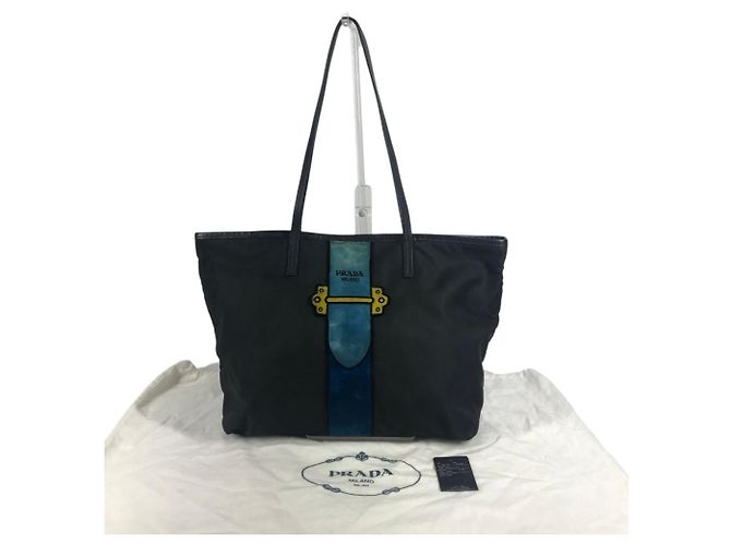 Tote Borsa a Spalla Prada Caye Trompe-l'œil con Logo e Strisce Nero Blu - vista 17