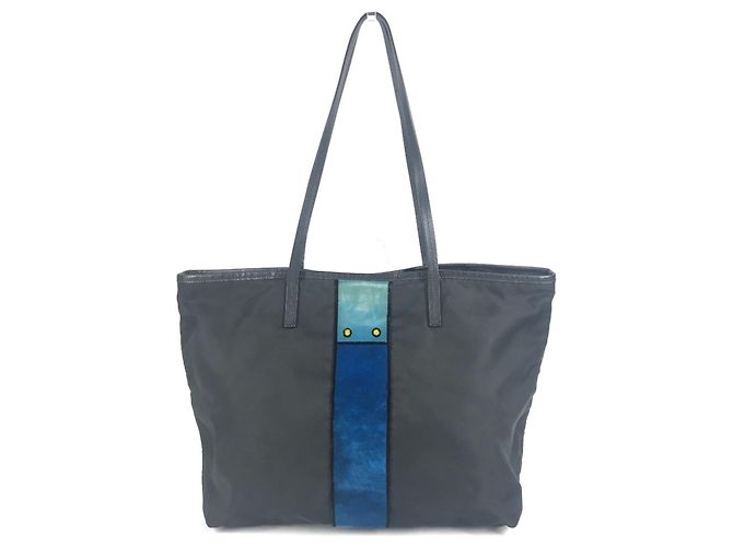 Tote Borsa a Spalla Prada Caye Trompe-l'œil con Logo e Strisce Nero Blu - vista 2