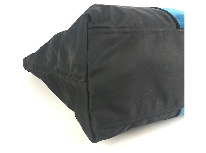 Tote Borsa a Spalla Prada Caye Trompe-l'œil con Logo e Strisce Nero Blu - vista 7