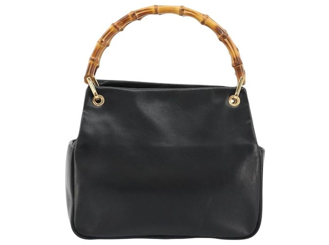 Bolso de mano de cuero Gucci Bamboo negro y dorado Auth 177513 - vista 2