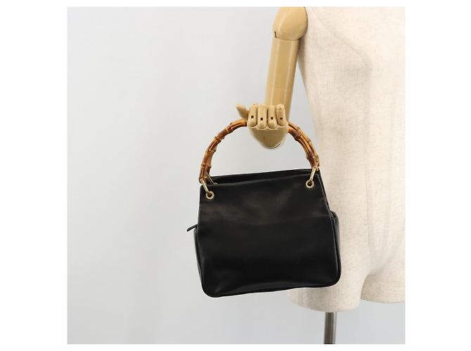 Bolso de mano de cuero Gucci Bamboo negro y dorado Auth 177513 - vista 23
