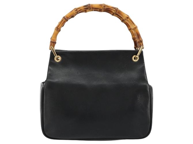 Bolso de mano de cuero Gucci Bamboo negro y dorado Auth 177513 - vista 3