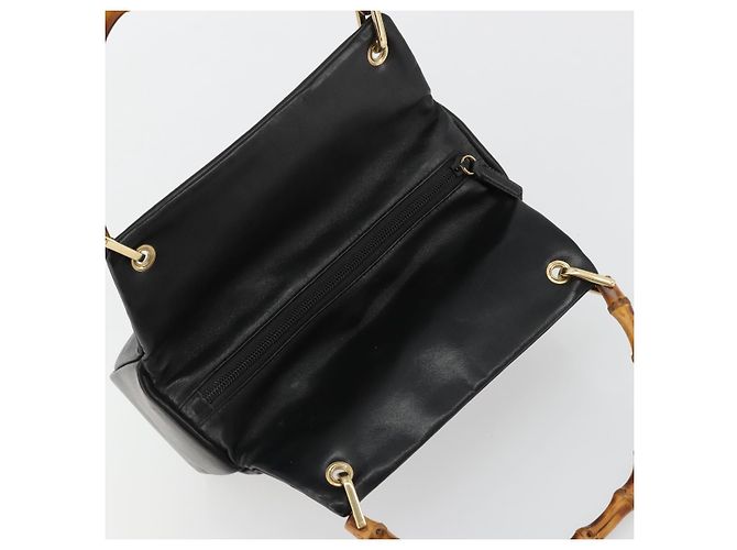Bolso de mano de cuero Gucci Bamboo negro y dorado Auth 177513 - vista 6