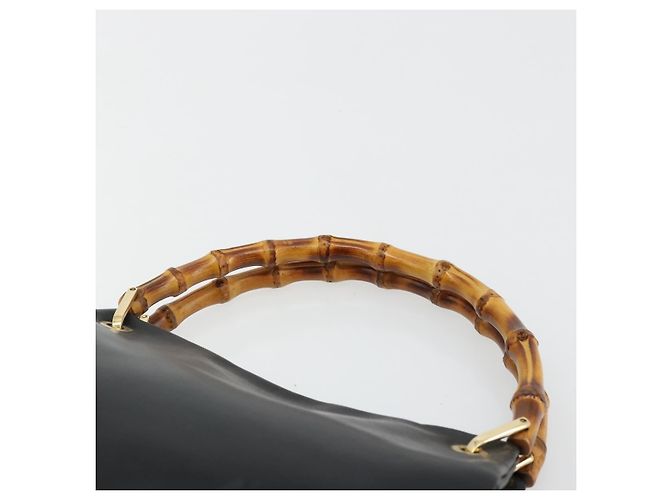 Bolso de mano de cuero Gucci Bamboo negro y dorado Auth 177513 - vista 8
