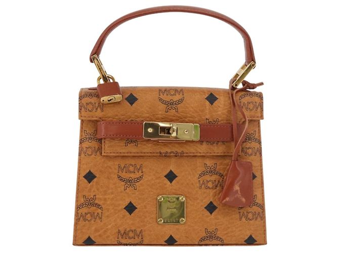 MCM Vicetos Logogram Borsa a Mano PVC Pelle Marrone Oro Auth 177665A D'oro - vista 2