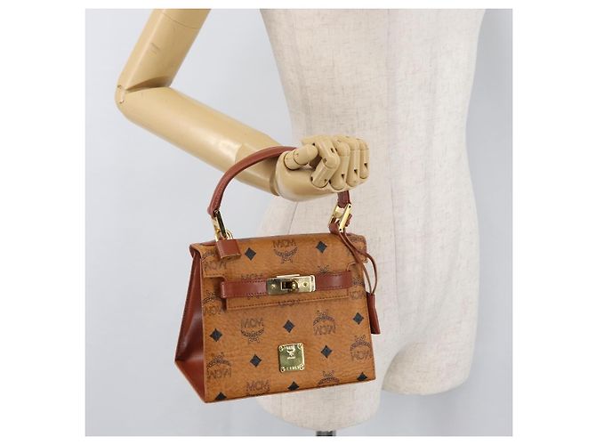 MCM Vicetos Logogram Borsa a Mano PVC Pelle Marrone Oro Auth 177665A D'oro - vista 26