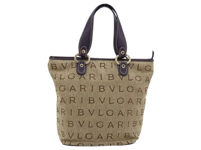 Bulgari Borsa Tote BVLGARI Logo Mania Canvas Beige Oro Viola Auth 177564A D'oro Porpora - vista 2