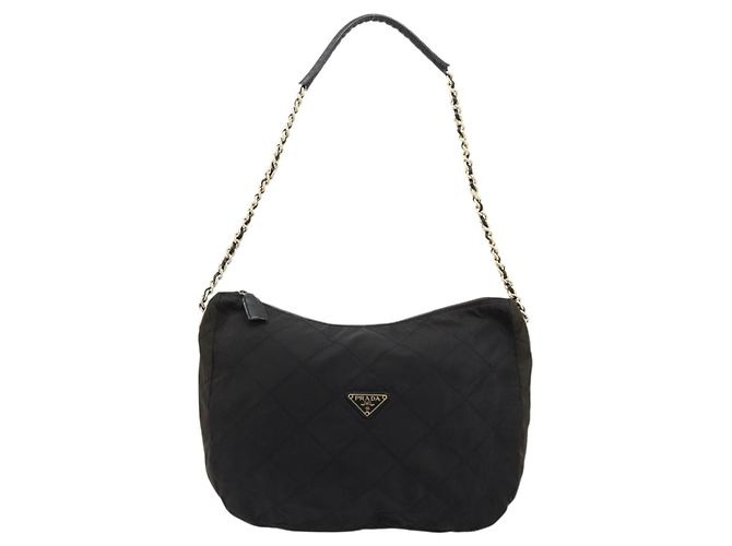 Borsa a spalla con catena Prada in nylon nero e oro Auth bs34879A D'oro - vista 13