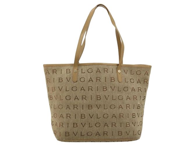 Bulgari Borsa Tote BVLGARI Logo Mania Canvas Beige Oro Auth 177518 D'oro - vista 13