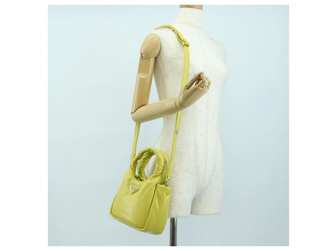PRADA Bolso de Mano de Cuero 2 en 1 Amarillo Plata Auth 177165SAM - vista 24