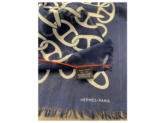 Chaîne d'ancre Sciarpa Hermès Naoussa Mégalo in cotone Bianco Blu - vista 2
