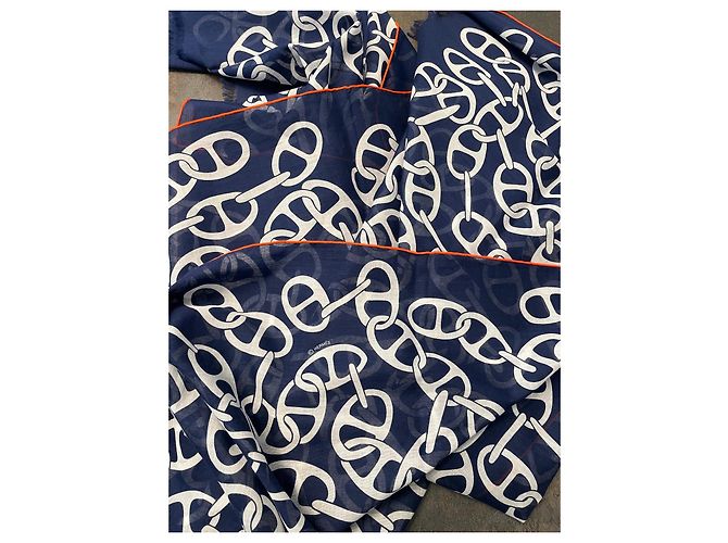 Chaîne d'ancre Sciarpa Hermès Naoussa Mégalo in cotone Bianco Blu - vista 3