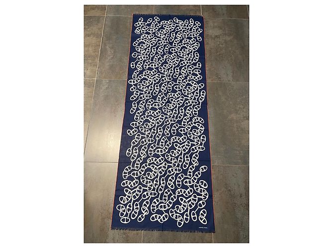 Chaîne d'ancre Sciarpa Hermès Naoussa Mégalo in cotone Bianco Blu - vista 4