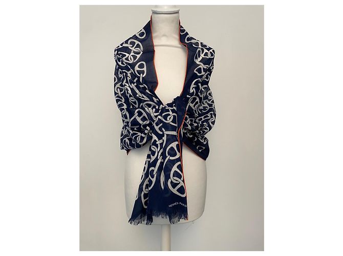 Chaîne d'ancre Sciarpa Hermès Naoussa Mégalo in cotone Bianco Blu - vista 5