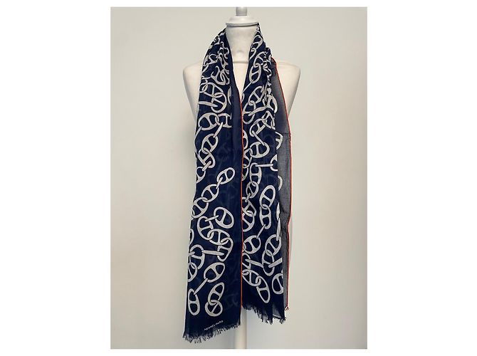 Chaîne d'ancre Sciarpa Hermès Naoussa Mégalo in cotone Bianco Blu - vista 6