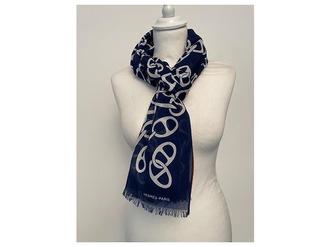 Chaîne d'ancre Sciarpa Hermès Naoussa Mégalo in cotone Bianco Blu - vista 7