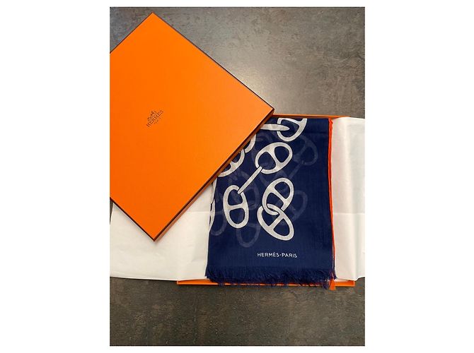 Chaîne d'ancre Sciarpa Hermès Naoussa Mégalo in cotone Bianco Blu - vista 8
