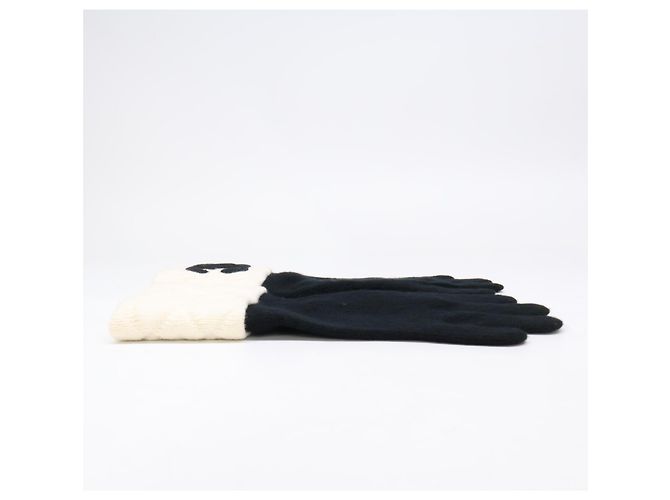 CHANEL Coco Mark Kaschmirstrickhandschuhe Schwarz Weiß - Ansicht 2