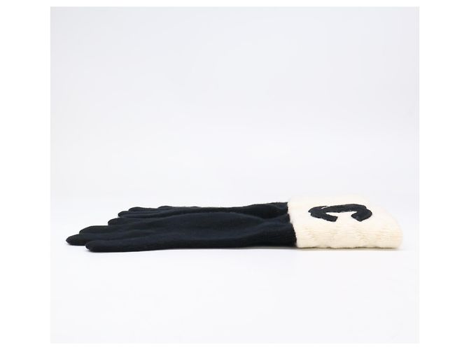CHANEL Coco Mark Kaschmirstrickhandschuhe Schwarz Weiß - Ansicht 4