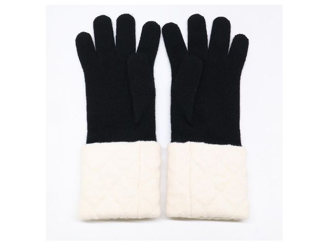 CHANEL Coco Mark Kaschmirstrickhandschuhe Schwarz Weiß - Ansicht 6