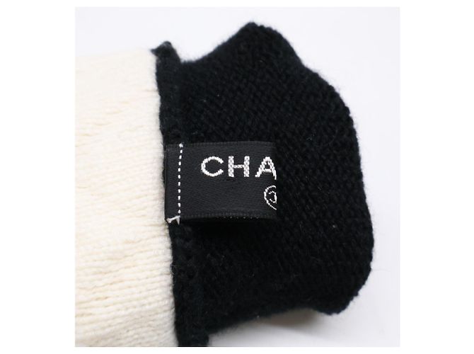 CHANEL Coco Mark Kaschmirstrickhandschuhe Schwarz Weiß - Ansicht 7