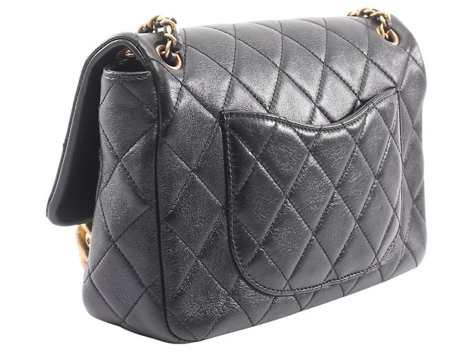 Chanel Black CC gestepptes Lammleder mit Kontrastnähten Single Flap Schwarz - Ansicht 2