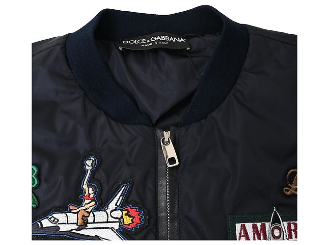 Giacca bomber con zip e patch Dolce & Gabbana in poliammide blu navy - vista 11