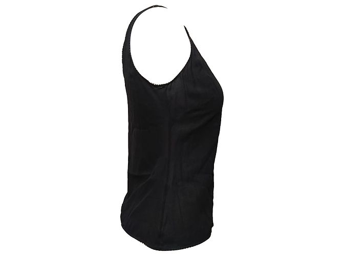 Regata Chanel com decote em V e acabamento em renda em viscose preta Preto - vista 2