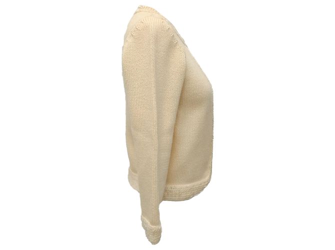 Chanel Strickjacke aus cremefarbener Wolle mit Paillettenbesatz Weiß Roh - Ansicht 2
